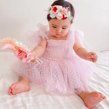 A Little Lacey Poppy Pink Dotted Swiss Romper