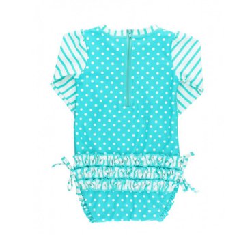 Ruffle Butts Aqua Polka Dot and Stripe 1 pc. Rash Guard Swim Suit