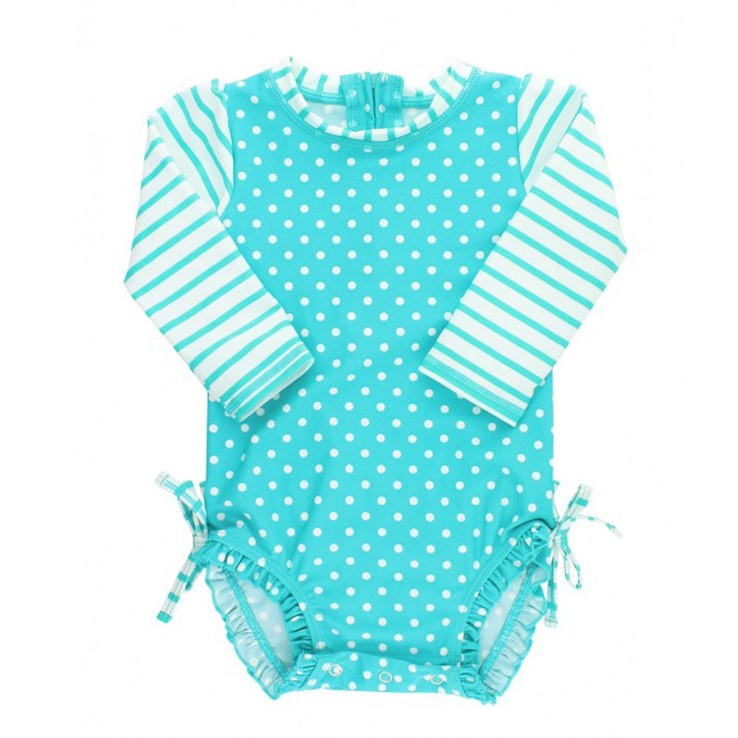 Ruffle Butts Aqua Polka Dot and Stripe 1 pc. Rash Guard Swim Suit