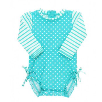 Ruffle Butts Aqua Polka Dot and Stripe 1 pc. Rash Guard Swim Suit