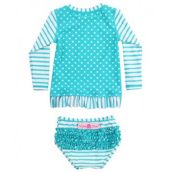 Ruffle Butts Aqua Stripe and Dot Rash Guard 2 pc. Swim Suit