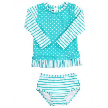 Ruffle Butts Aqua Stripe and Dot Rash Guard 2 pc. Swim Suit