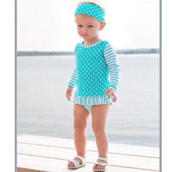 Ruffle Butts Aqua Stripe and Dot Rash Guard 2 pc. Swim Suit