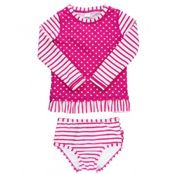 Ruffle Butts "Berry" Stripe and Dot 2 pc. Rash Guard Swim Suit