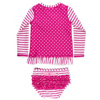 Ruffle Butts "Berry" Stripe and Dot 2 pc. Rash Guard Swim Suit