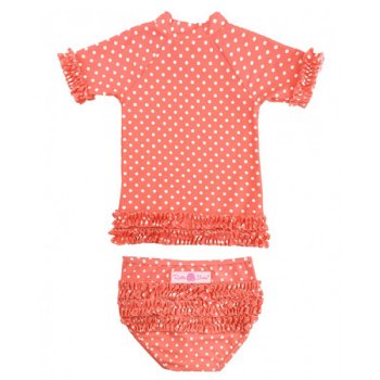 Ruffle Butts "Coral Polka Dot" Ruffled Rash Guard Swim Set