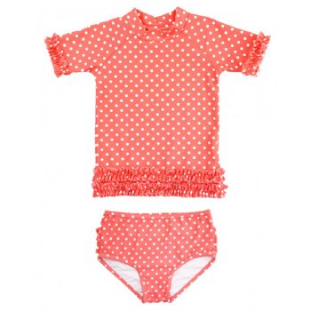 Ruffle Butts "Coral Polka Dot" Ruffled Rash Guard Swim Set