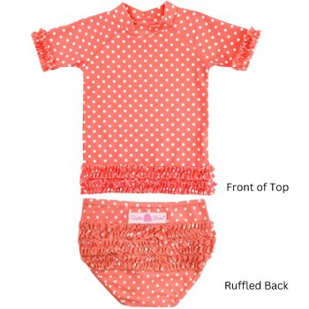 Ruffle Butts "Coral Polka Dot" Ruffled Rash Guard Swim Set