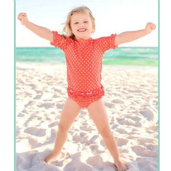 Ruffle Butts Coral Polka Dot Ruffled Rash Guard Swim Set