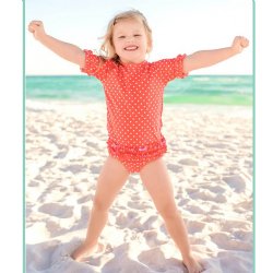 Ruffle Butts "Coral Polka Dot" Ruffled Rash Guard Swim Set