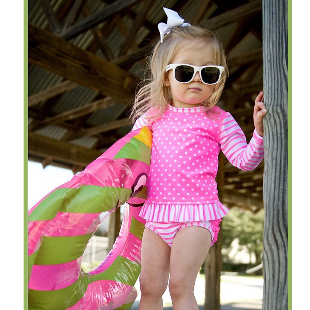 Ruffle Butts Hot Pink Stripe and Dot Rash Guard Swim Suit