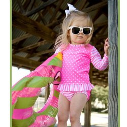 Ruffle Butts Hot Pink Stripe and Dot Rash Guard Swim Suit