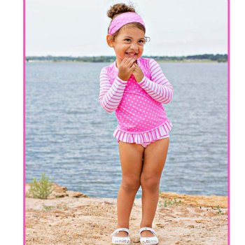 Ruffle Butts Hot Pink Stripe and Dot Rash Guard Swim Suit