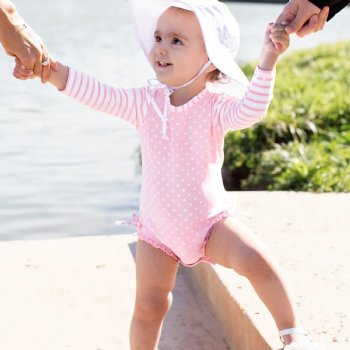 Ruffle Butts Pink Polka Dot One Piece Rash Guard Swimsuit