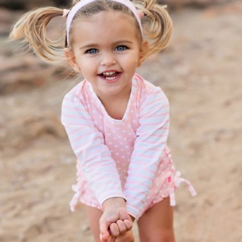 Ruffle Butts Pink Polka Dot One Piece Rash Guard Swimsuit