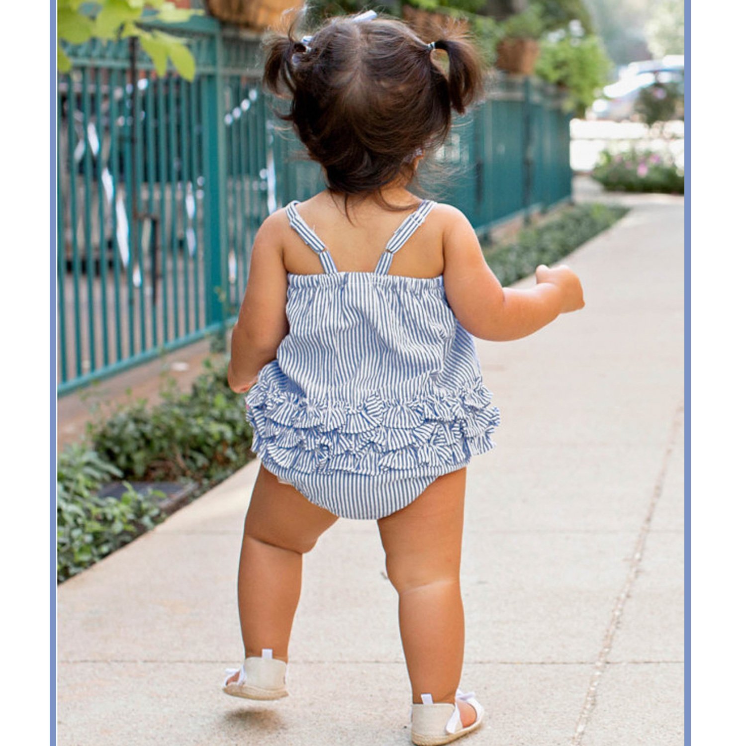 Ruffle Butts Bubble Romper-Blue Seersucker