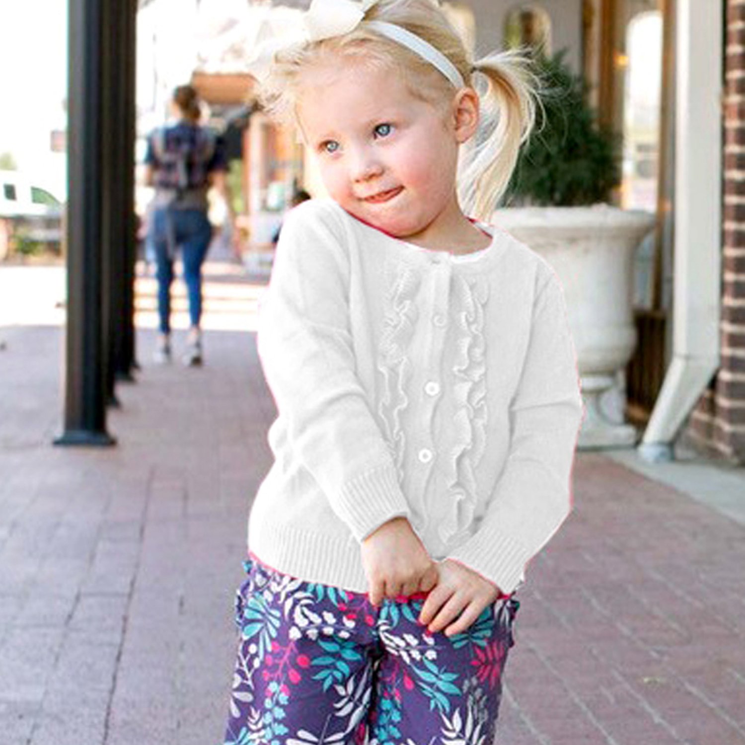 RuffleButts Little Girls Ruffled Long Sleeve Cardigan Button-Up Sweater 