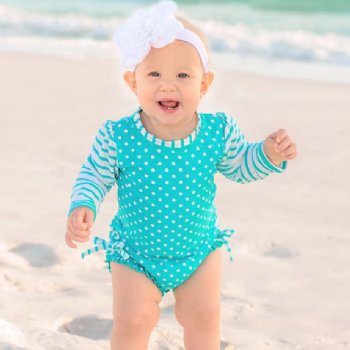 Ruffle Butts Aqua Polka Dot and Stripe 1 pc. Rash Guard Swim Suit