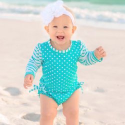 Ruffle Butts Aqua Polka Dot and Stripe 1 pc. Rash Guard Swim Suit