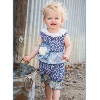 She Bloom "Blueberry Farm" Zigzag Bubble Romper for Baby Girls