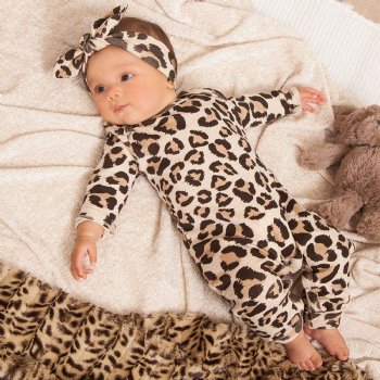 Tesa Babe "Lola" Leopard Romper and Headband Set for Baby Girls