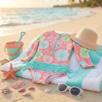 Ruffle Butts "Tropical Gardens" Ruffled Rash Guard One Piece Swim Suit